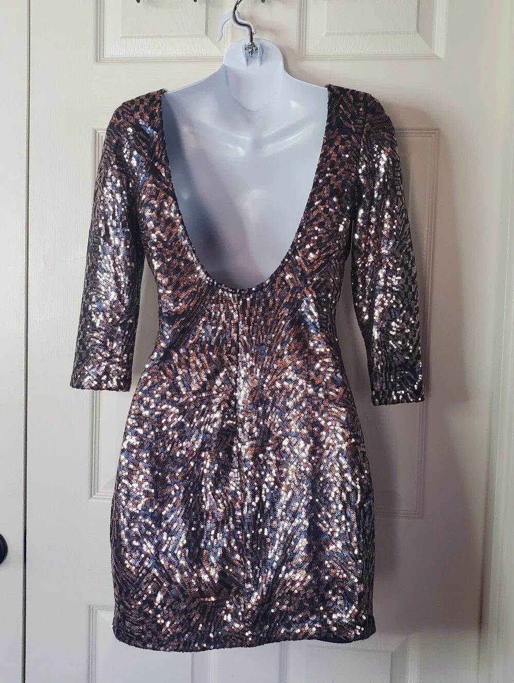 Y2K Vintage Bronze Sequin Mini Dress Open Back Glam Party Clubwear Slip-on Small